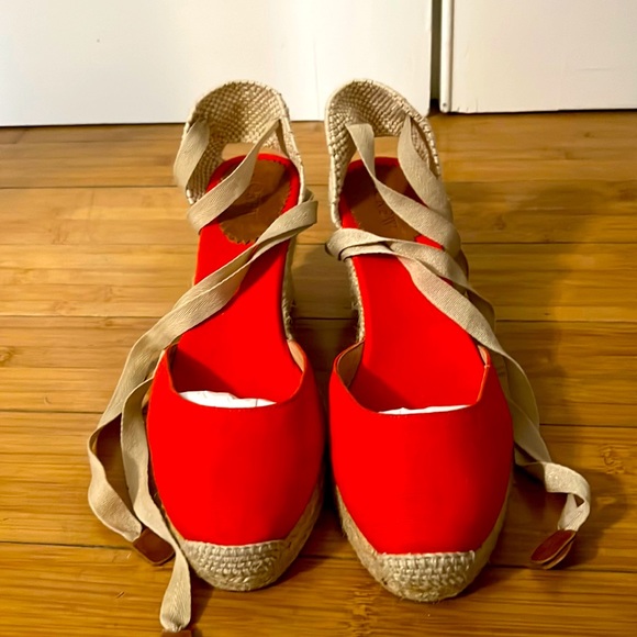 JCrew Made in Spain Red Lace up Heel Espadrilles Sz 10 - Picture 2 of 5